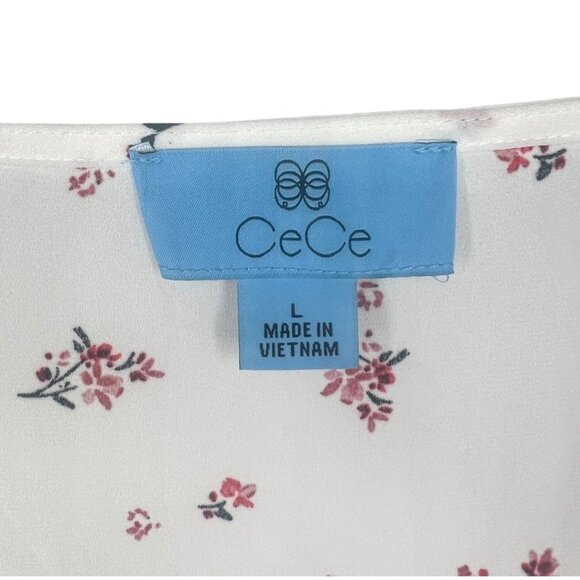 CeCe Breezy Sprigs Ecru Floral Print Long Sleeve V-Neck Tie-Cuff Blouse Large - Picture 4 of 15